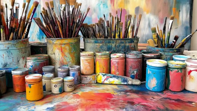 Colorful paint jars and brushes in an artistic studio setting