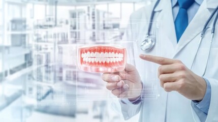Doctor holds a dental mouth model and points to it with an abstract digital background, Represents modern dental care, jaw surgery, and dental implant techniques used by oral surgeons
