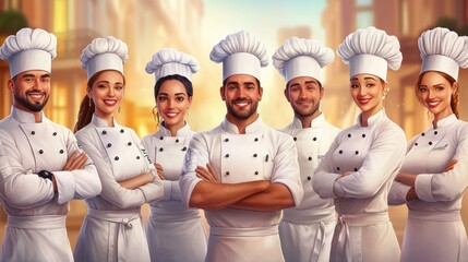 cooking, culinary and profession concept - international team of smiling chefs with crossed arms
