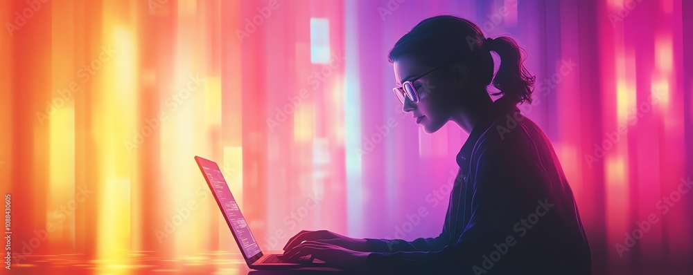 Poster a futuristic office setup with an it professional working on a laptop, dynamic file icons symbolizin