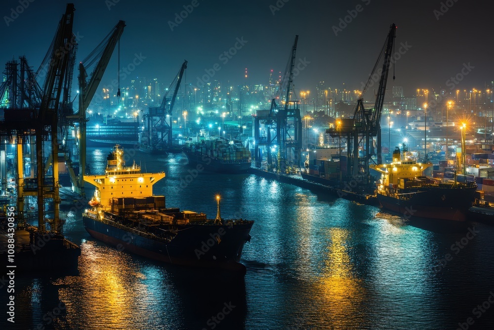 Poster a nighttime view of a busy port with illuminated ships and cranes.