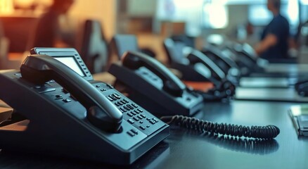 A row of business phones on an office desk