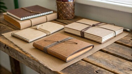 Rustic wooden table with neatly arranged notebooks