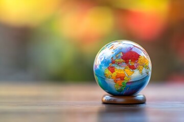 Colorful Miniature Globe on Wooden Table with Soft Lighting