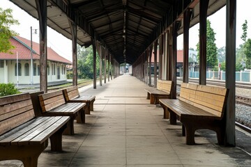 Empty train platform with wooden benches.