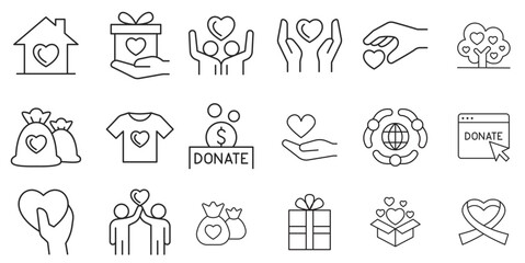 Premium Icons Pack on Charity and Donations. Such Line Signs as Volunteering and Compassion, Philanthropy Contribution and Sponsorship. Vector