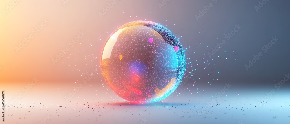 Poster a hightech 3d globe made of translucent lines and illuminated dots, gray gradient background, colorf