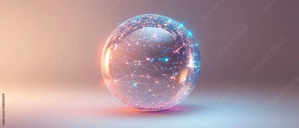 Poster a hightech 3d globe made of translucent lines and illuminated dots, gray gradient background, colorf