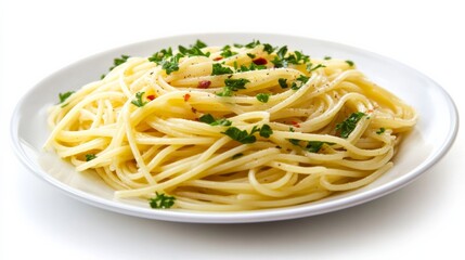 A plate of classic spaghetti aglio e olio with garlic, olive oil, chili flakes
