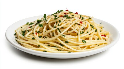 A plate of classic spaghetti aglio e olio with garlic, olive oil, chili flakes