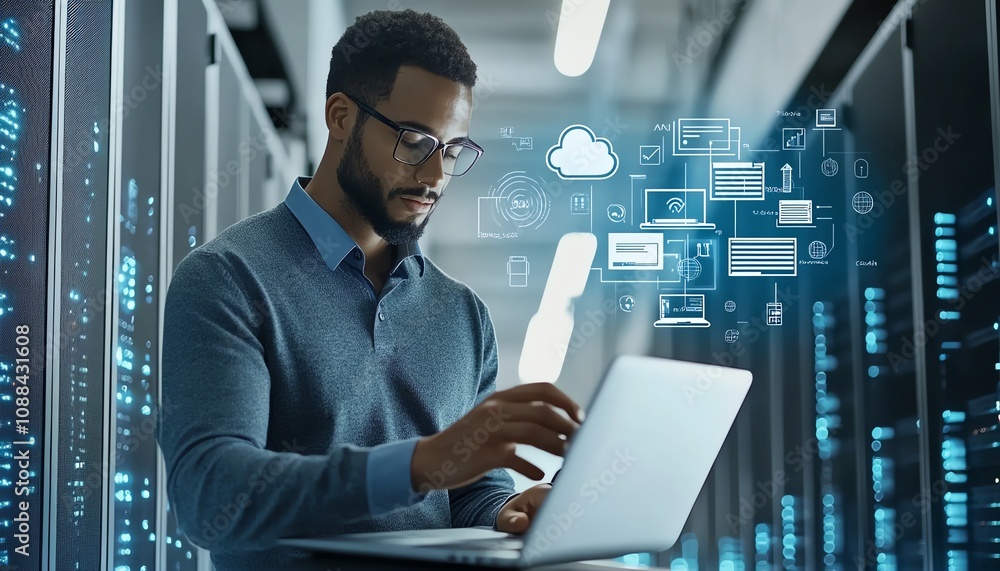 Poster a hightech scene of an it professional managing files on a laptop, bold icons representing data sync