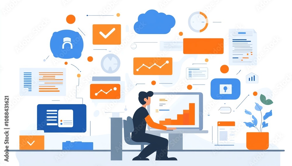 Poster a hightech scene of an it professional managing files on a laptop, bold icons representing data sync