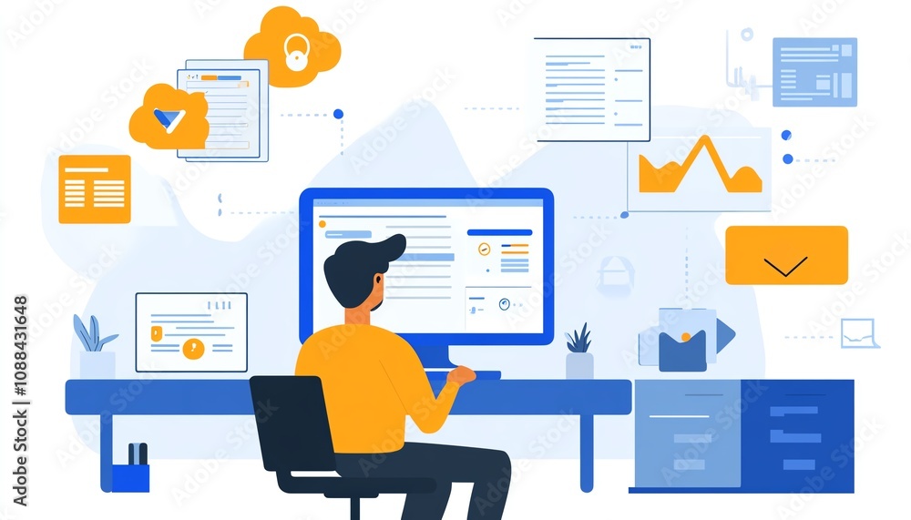 Poster a hightech scene of an it professional managing files on a laptop, bold icons representing data sync