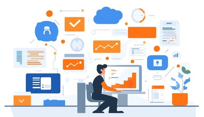 A hightech scene of an IT professional managing files on a laptop, bold icons representing data synchronization in a cloud platform, AIenhanced visualization
