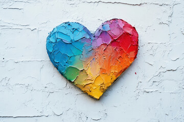 Heart painted in rainbow colors on a brick wall, symbolizing love and equality.