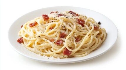 A plate of classic spaghetti carbonara with crispy pancetta, Parmesan cheese, and black pepper