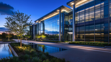 Obraz premium Modern office with glass facade reflecting evening sky, surrounded by trees and water.