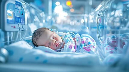 baby in a NICU crib with tubes and monitors attached, receiving vital medical support from state-of-the-art healthcare equipment