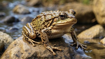 An adult Iberian frog (Rana iberica) is seated on a rock in Spain