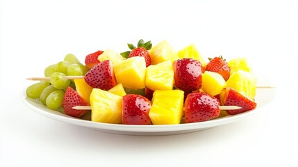 A plate of colorful fruit kabobs with chunks of pineapple, strawberries, grapes