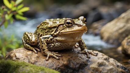 Obraz premium An adult Iberian frog (Rana iberica) is seated on a rock in Spain