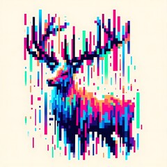 Pixel art deer with vibrant, glitch effect.