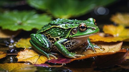 A colorful close-up of an emerald green frog sitting on a shimmering wet