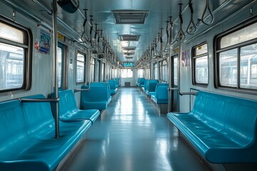 Fototapeta premium Empty train car with blue seats.