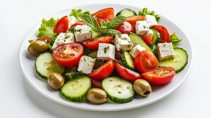A plate of colorful Greek salad with ripe tomatoes, cucumbers, olives