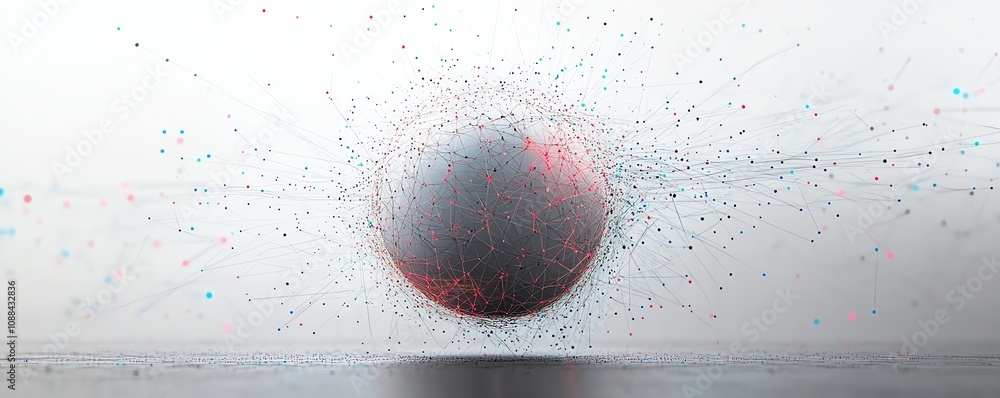 Poster a spherical digital globe composed of interconnected lines and dots, subtle gray background with dyn