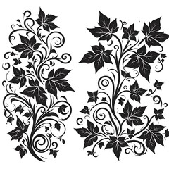 Two elegant black and white floral designs with leaves and swirls, perfect for invitations, cards, or decorations.