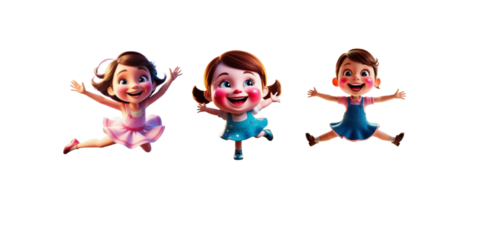 Set happy cute girl dance 3D render character cartoon style Isolated on transparent background