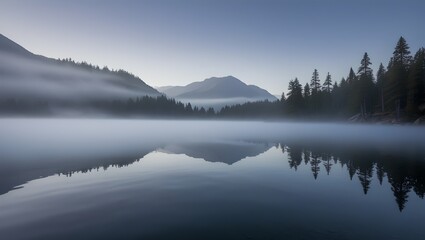 Fototapeta premium A tranquil mountain lake surrounded by tall pine trees, its surface reflecting faint images of mist-covered peaks. The soft morning fog hovers above the water, blending seamlessly into the serene wild