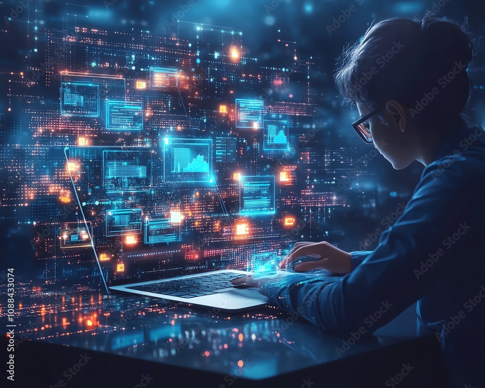 Poster an it expert using advanced tools on a sleek laptop, digital document creation with glowing file sha