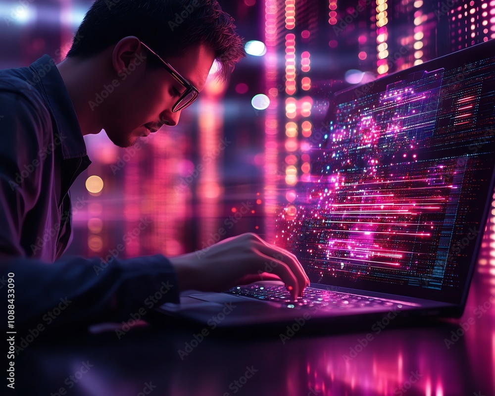 Poster an it expert using advanced tools on a sleek laptop, digital document creation with glowing file sha