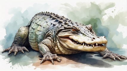 Naklejka premium AI-generated image of a crocodile in the aquarelle style-
