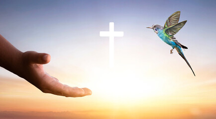 Conceptual image of Christian cross and hummingbird flying over hand