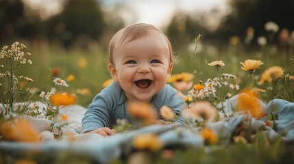 baby playing on a blanket in the middle of a grassy field, laughing as they reach for the nearby flowers and leaves