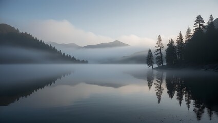 Fototapeta premium A tranquil mountain lake surrounded by tall pine trees, its surface reflecting faint images of mist-covered peaks. The soft morning fog hovers above the water, blending seamlessly into the serene wild