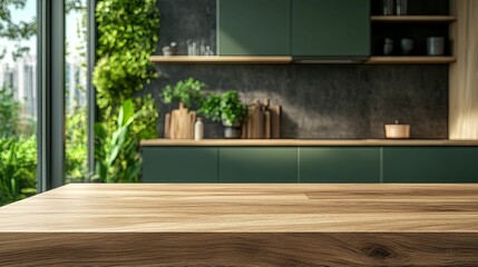 Wooden Tabletop Against Blurred Green Kitchen Background