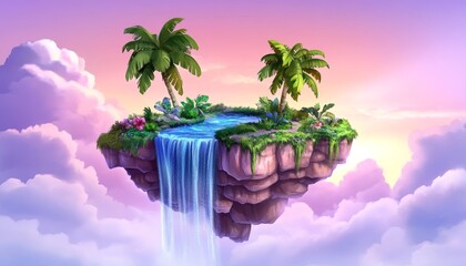 PC Laptop Wallpaper Floating Tropical Island with Waterfall and Sunset Sky