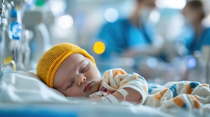 baby receiving care in a neonatal intensive care unit (NICU), surrounded by specialized healthcare equipment