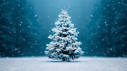 Snow-covered Christmas tree in a winter landscape.