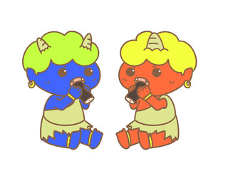 恵方巻きを食べる鬼の子のイラスト　向かい合わせ