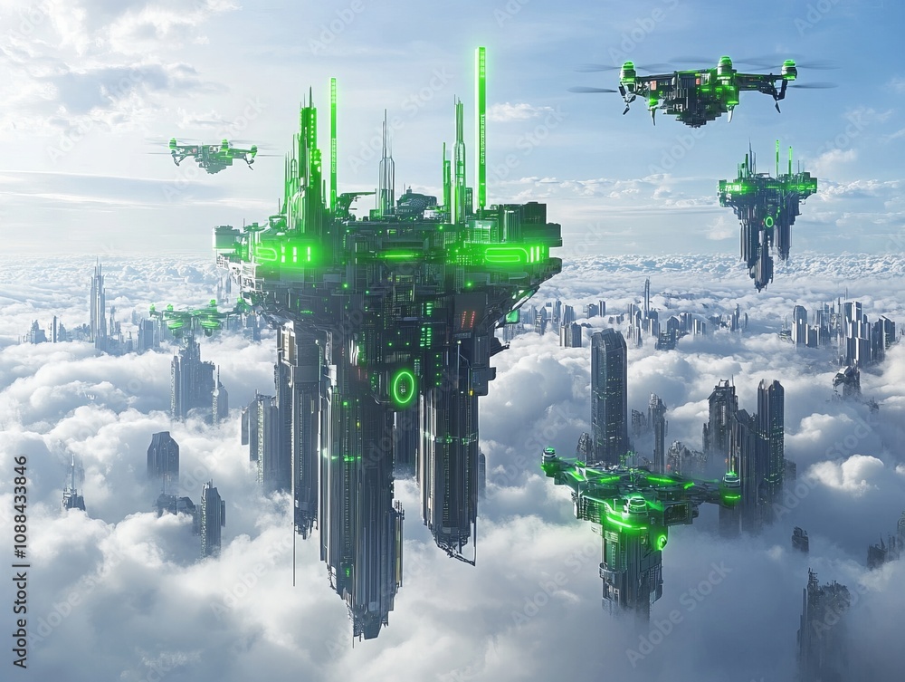 Poster futuristic smart city in the clouds high-tech urban environment with iot integration aerial view of 