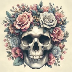 A human skull adorned with a vibrant wreath of pastel roses and wildflowers.