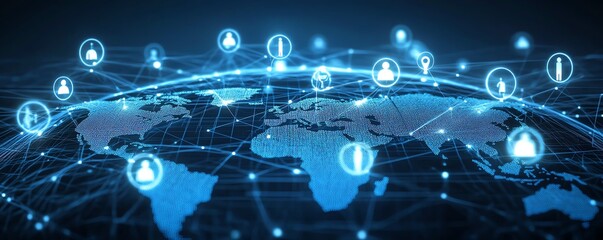 Obraz premium Highdetail global network concept, illuminated generative AI connections, business icons, and people linked around a holographic Earth, cuttingedge style
