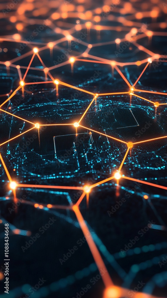 Poster exploring the future of connectivity siamrat's massive blockchain network visualized as glowing hexa
