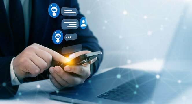 Man talking to a robot assistant.Contact us for online support. Customer service, helpdesk advice online chat support.	
