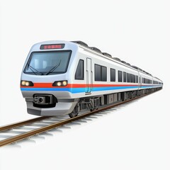 Naklejka premium Modern train travels on tracks, white background.